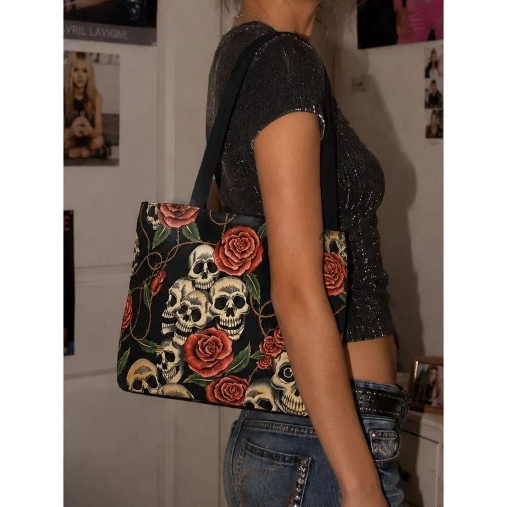 VTG Black Creme Skulls Red Rose Tattoo Rockabilly Print Shoulder Bag Grunge Goth
